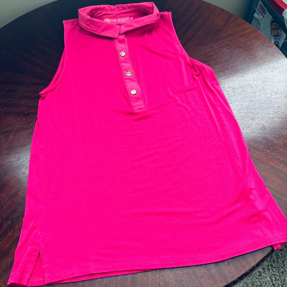 Ladies Macbeth hot pink sleeveless collared shirt Size L.